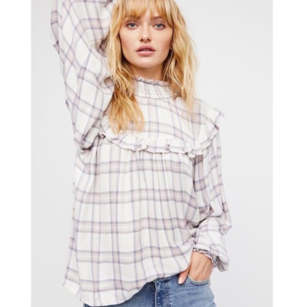 Free People Charlie Ruffle Plaid Top S High Neck